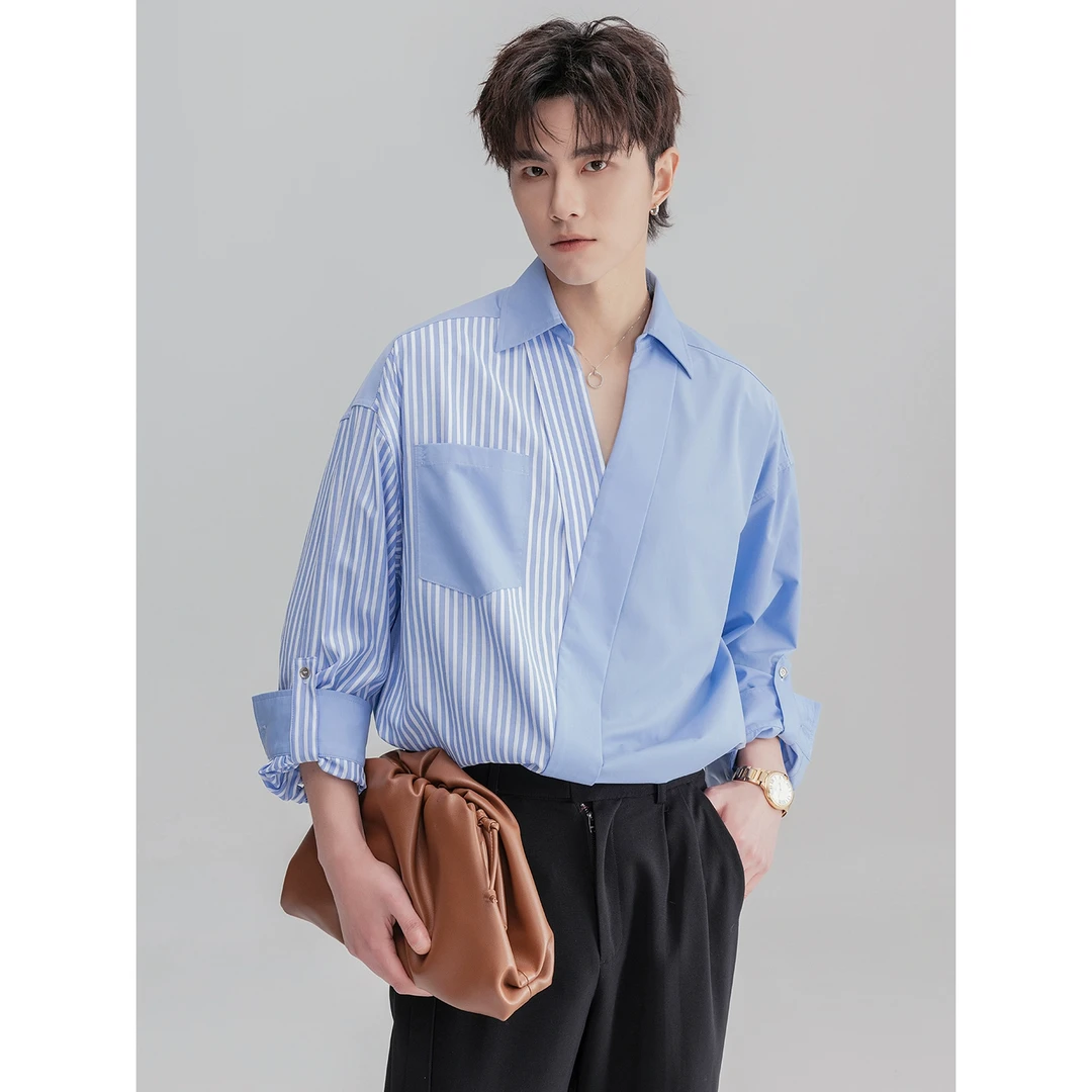 CHICERRO衬衫男春季韩系拼接设计感休闲上衣男士V领条纹长袖衬衣