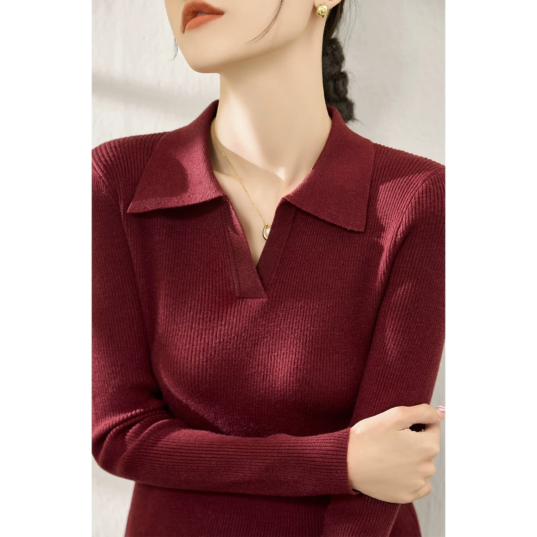 法式高级感POLO领上衣女冬季新款长袖修身针织衫保暖毛衣打底