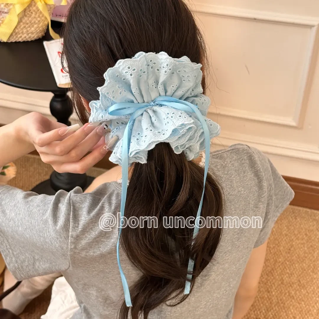 法式温柔抽绳发圈超大头花丸子头马尾扎发绳蕾丝花边大肠头绳皮筋