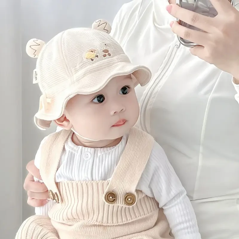 婴儿帽子春秋季可爱超萌小月龄抽绳帽秋冬新生男女宝宝纯棉渔夫帽