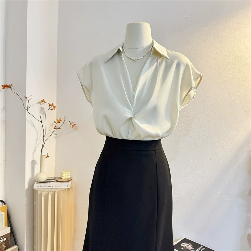 法式高级感扭结V领缎面短袖衬衫女2025夏季通勤衬衣气质小衫上衣