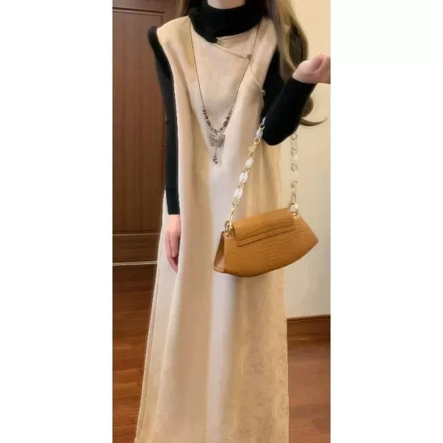 秋冬穿搭一整套新中式复古马甲旗袍连衣裙两件套装女黑色针织毛衣