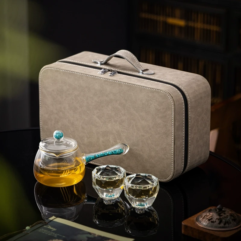 绿松石水晶茶壶便携式旅行茶具套装汝窑户外包家用功夫泡茶壶茶杯