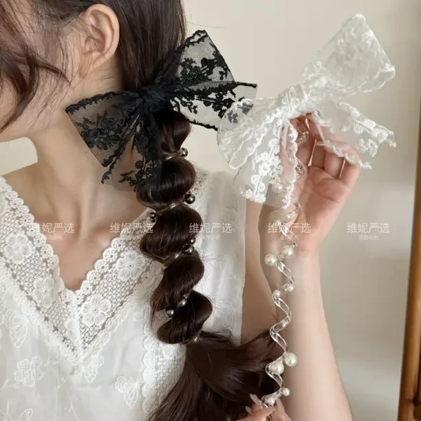 蕾丝蝴蝶结绑发泡泡辫发绳珠珠电话线多功能发圈显发量神器低马尾