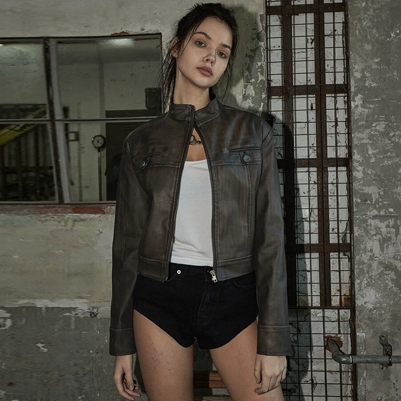 欧美风复古拉链开衫立领pu皮衣短外套女酷飒机车修身显瘦长袖上衣