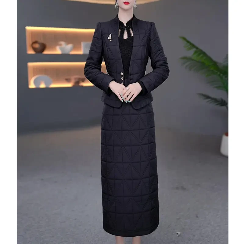 短外套+连衣裙秋冬新款气质复古中式显瘦夹棉中长款妈妈装连衣裙