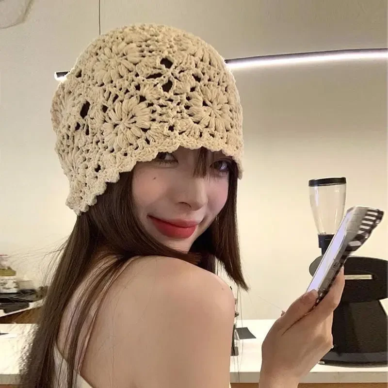 堆堆帽 日系手工编织包头帽子女镂空毛线帽复古文艺针织帽X046
