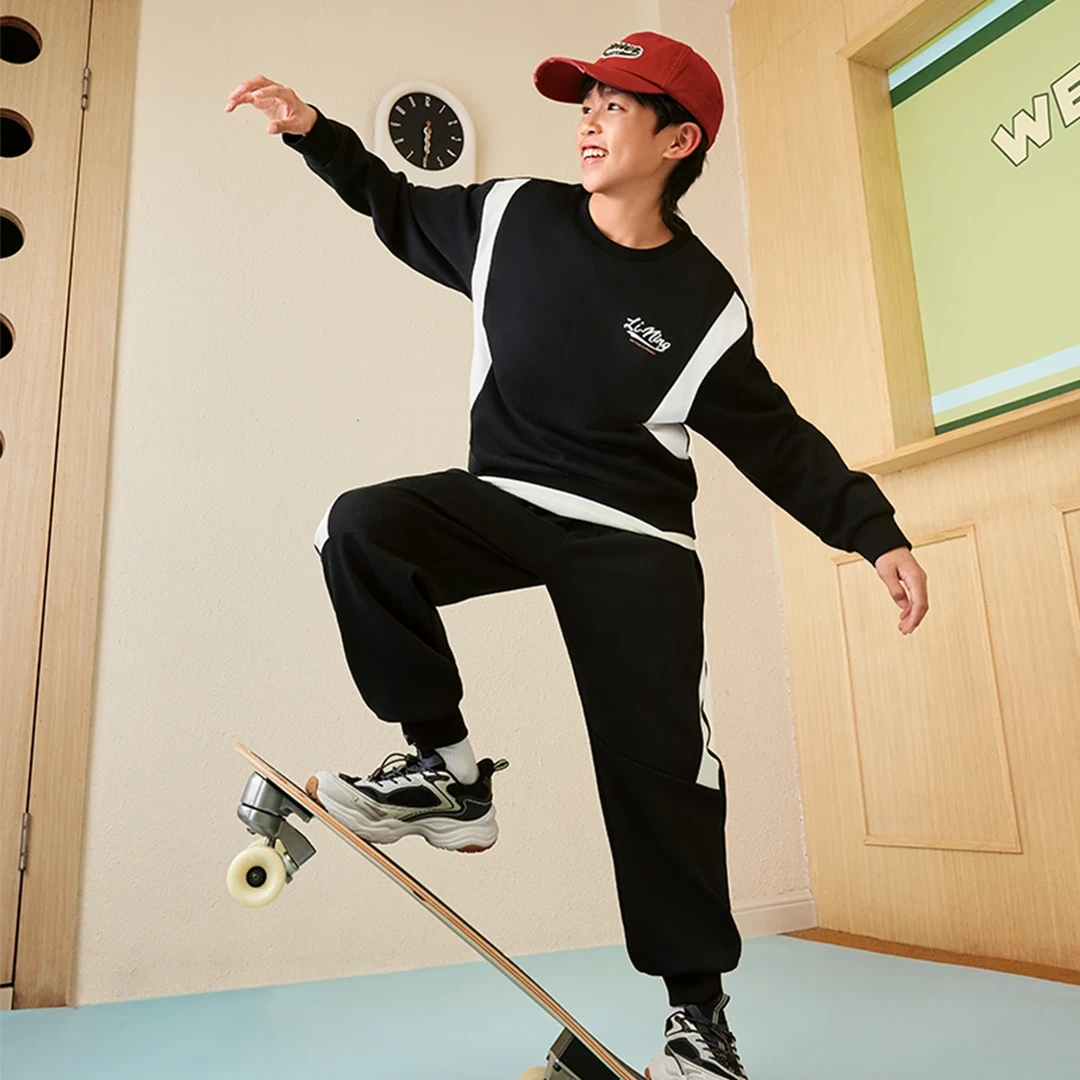 R李宁新品男女童装运动生活品质春装束脚套头户外卫衣套装YWEV015