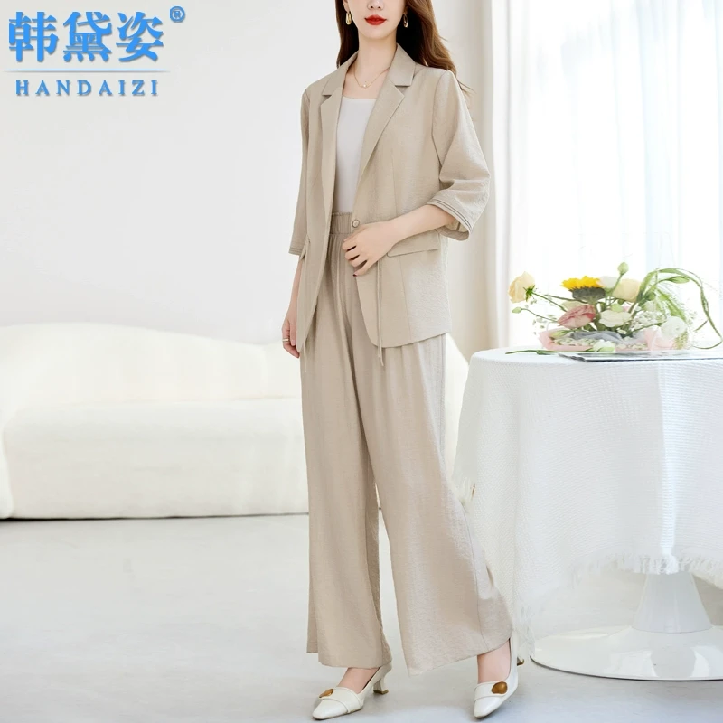 杭州时尚高端重磅真丝两件套2025夏新款七分袖桑蚕丝小西装套装女