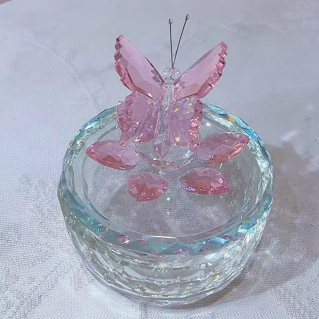 粉色 蝴蝶水晶玻璃收纳罐首饰盒摆件