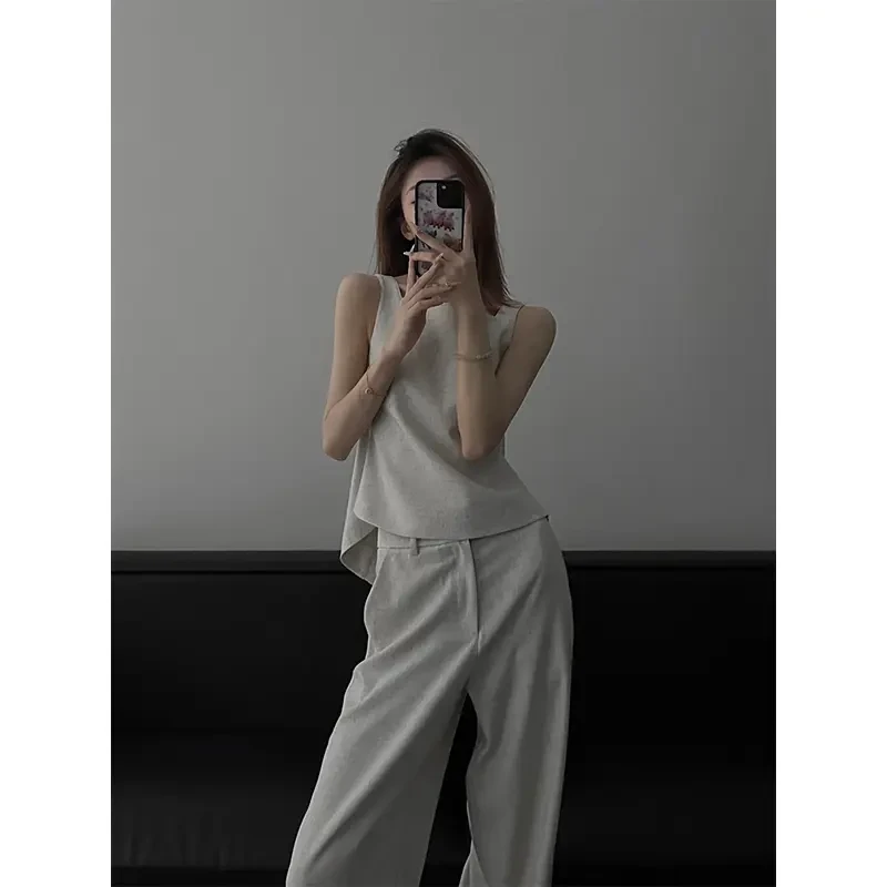 多巴胺夏季衣服无袖背心上衣新款女装小众简约高腰百搭休闲裤套装