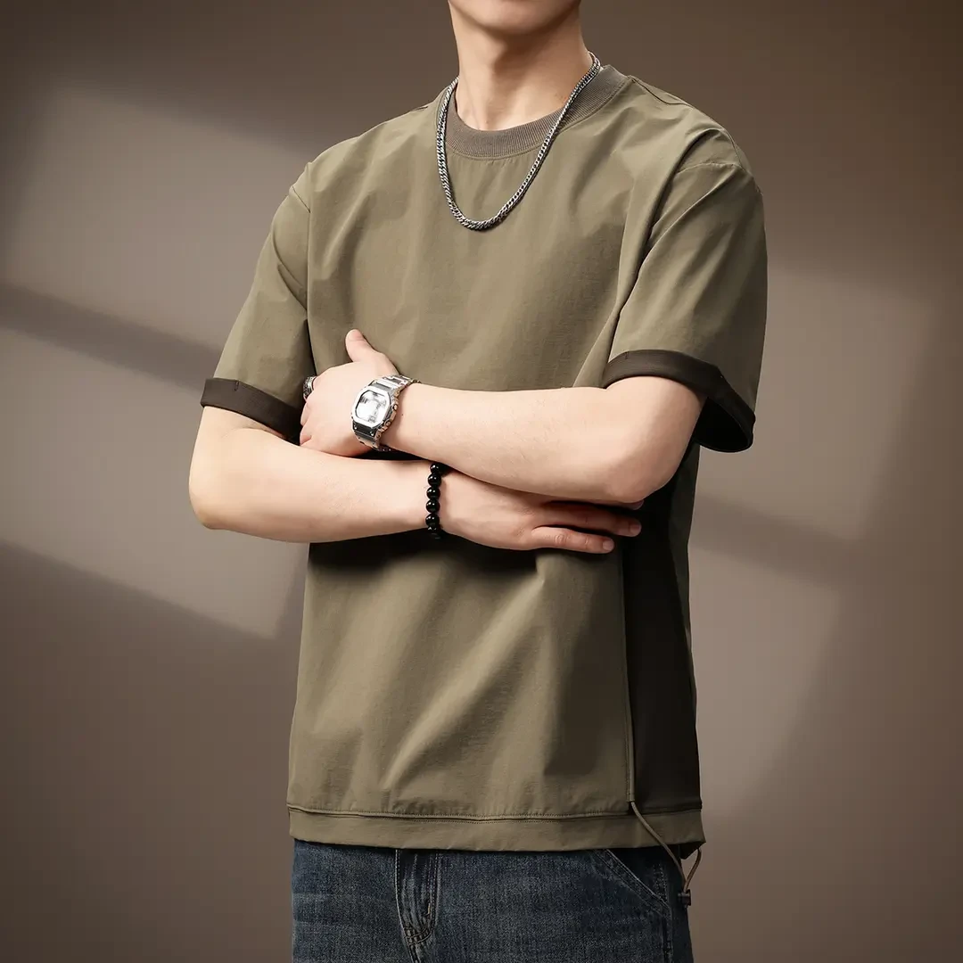 高端冰丝凉感户外短袖T恤男士夏季宽松休闲圆领纯色半袖拼接体恤