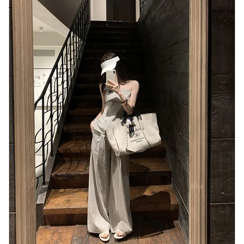 自然肌理复古修身立体花朵背心吊带+条纹休闲长裤两件套装女夏季
