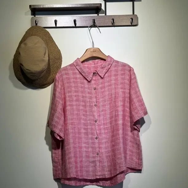 清仓福利款色织汉麻格子短袖衬衫