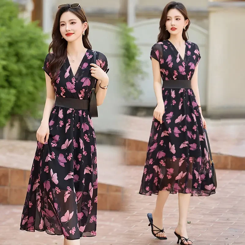 法式Ｖ领蝴蝶印花连衣裙女2025年夏季新款收腰显瘦薄款中长款裙子