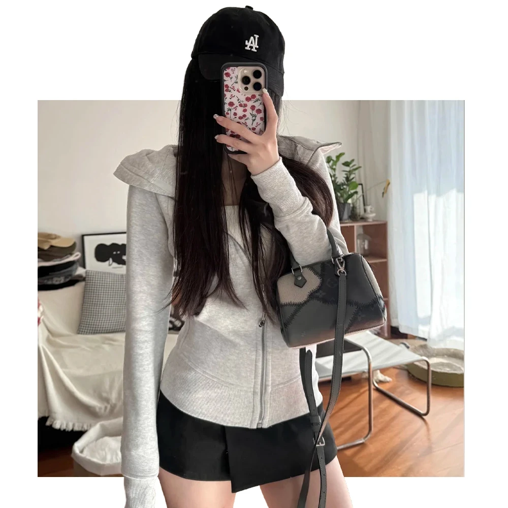 灰色短外套女春秋2025新款修身显瘦薄款连帽开衫卫衣小个子上衣服