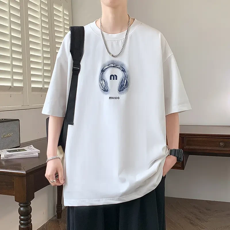 2025夏季新款耳机印花短袖T恤纯棉男士印花宽松潮流百搭休闲上衣