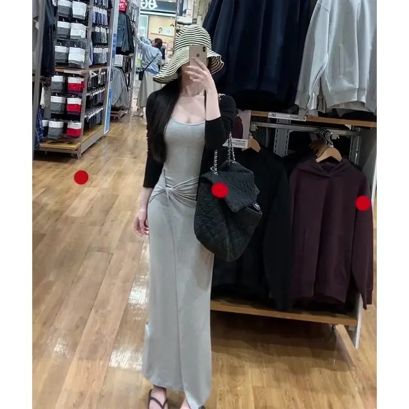 2025夏季新款女法式气质薄款针织开衫设计感收腰显瘦吊带连衣裙