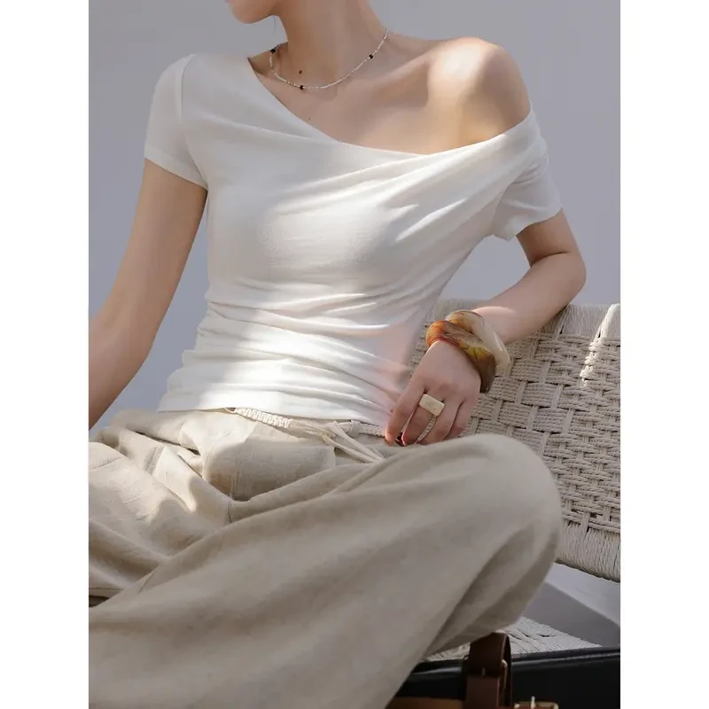莫代尔白色荡领短袖设计感T恤女2025夏季新款修身显瘦洋气上衣潮