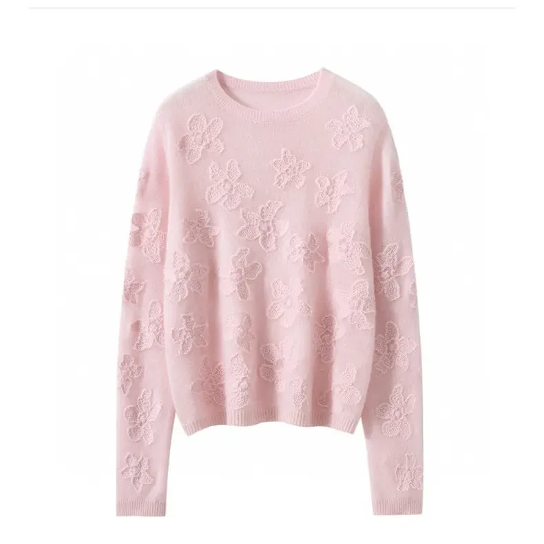 100%山羊绒圆领重工绣花针织衫女秋冬软糯保暖显瘦上衣ZW-25135