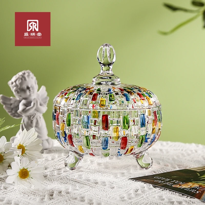 大号编织浮雕创意轻奢匠人手绘水晶玻璃糖果罐首饰盒储物罐