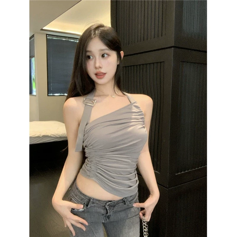 梦优莱不规则设计感纯色背心女辣妹简约挂脖紧身一字领套头上衣