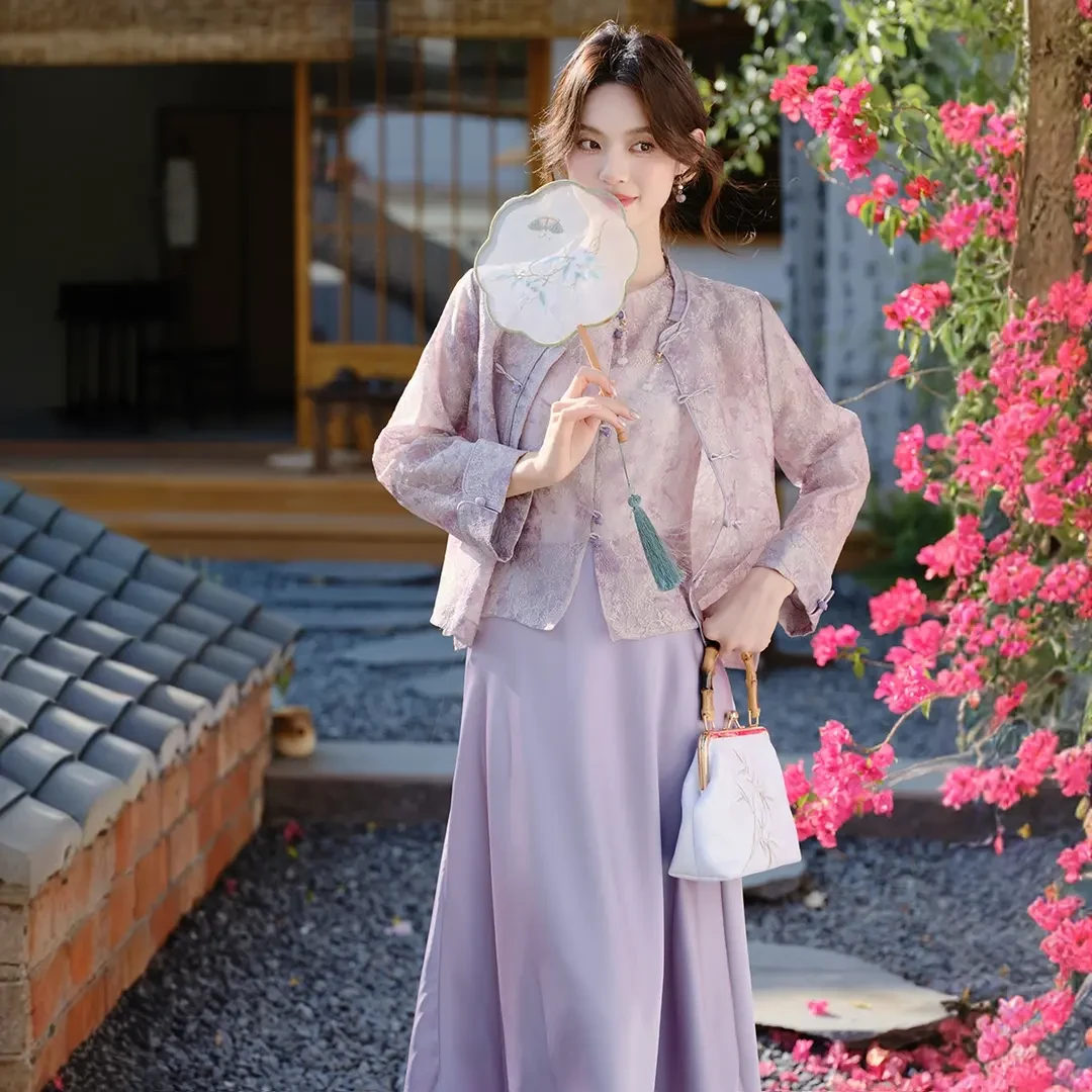 2025新款新中式套装休闲显瘦国风紫色无袖马甲+半身裙+圆领马甲
