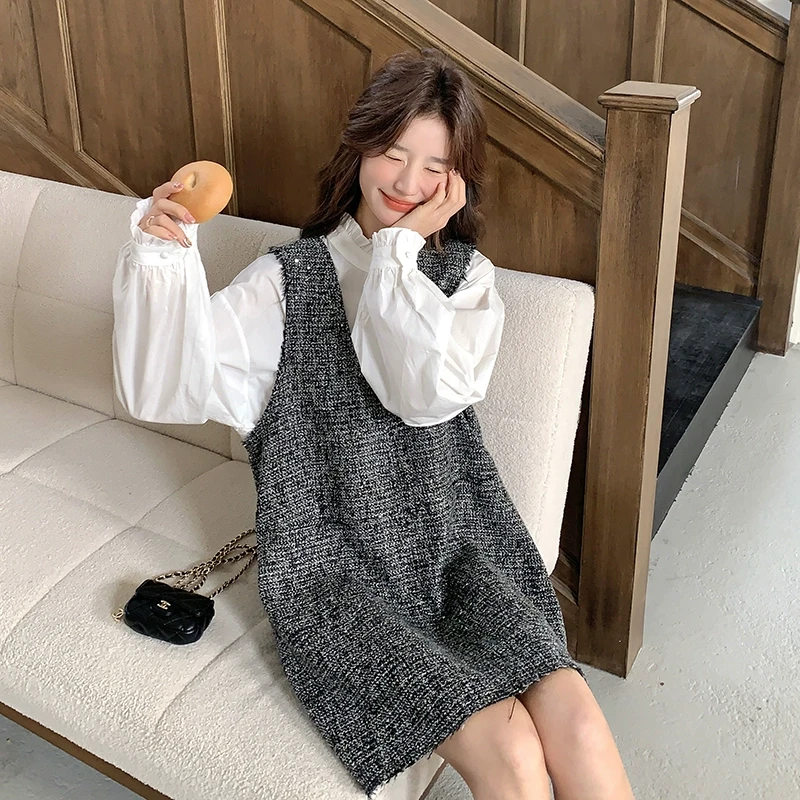 灰色小香风背心裙套装女2025春季新款法式甜美衬衫连衣裙两件套潮