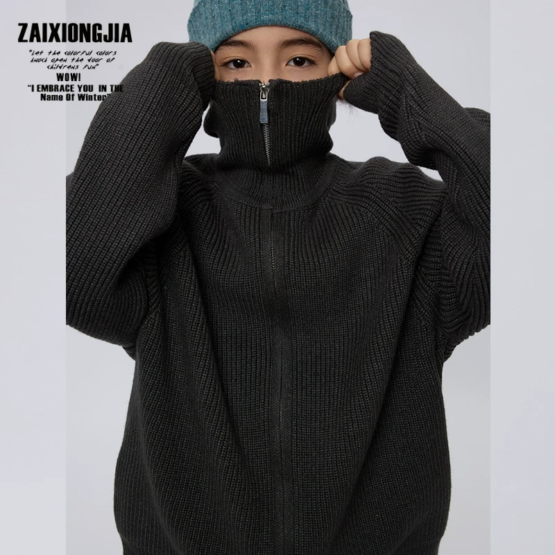 ZAIXONGJIA厚实拉链毛衣开衫上衣针织纯色秋冬童装软深灰简约