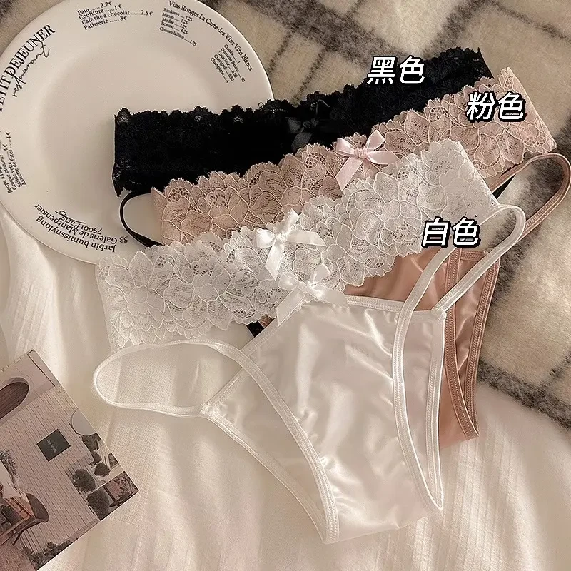 纯欲日记蕾丝边性感日系性感缎面内裤女士低腰交叉镂空透气三角裤