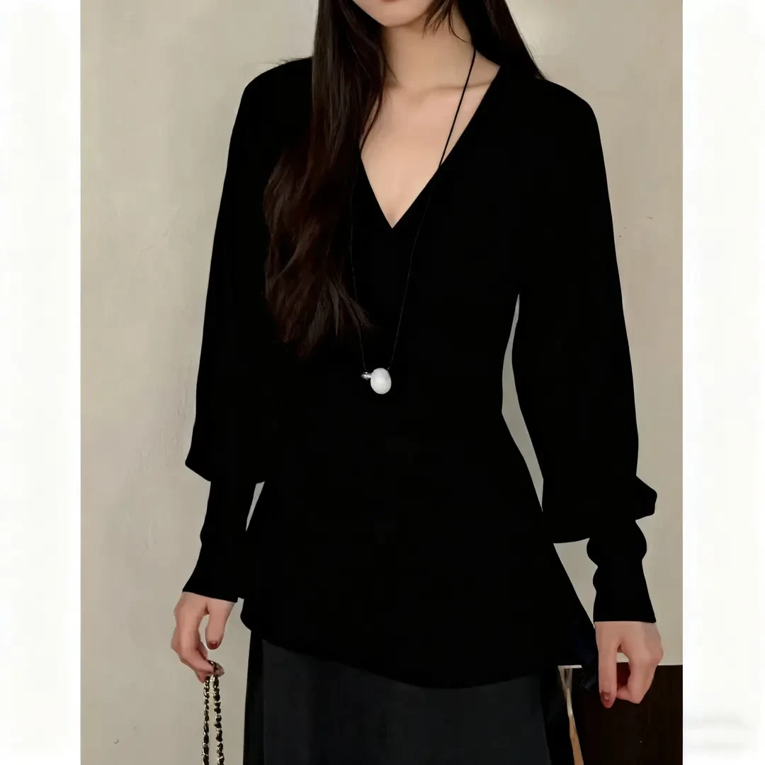 【配腰带】法式V领灯笼袖毛衣针织衫秋冬新款收腰显瘦气质百搭上衣