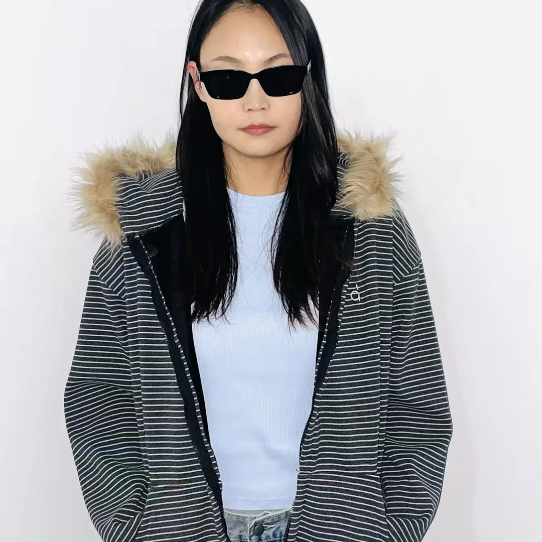 美式复古条纹毛领连帽卫衣女秋冬宽松休闲拉链开衫外套慵懒风上衣