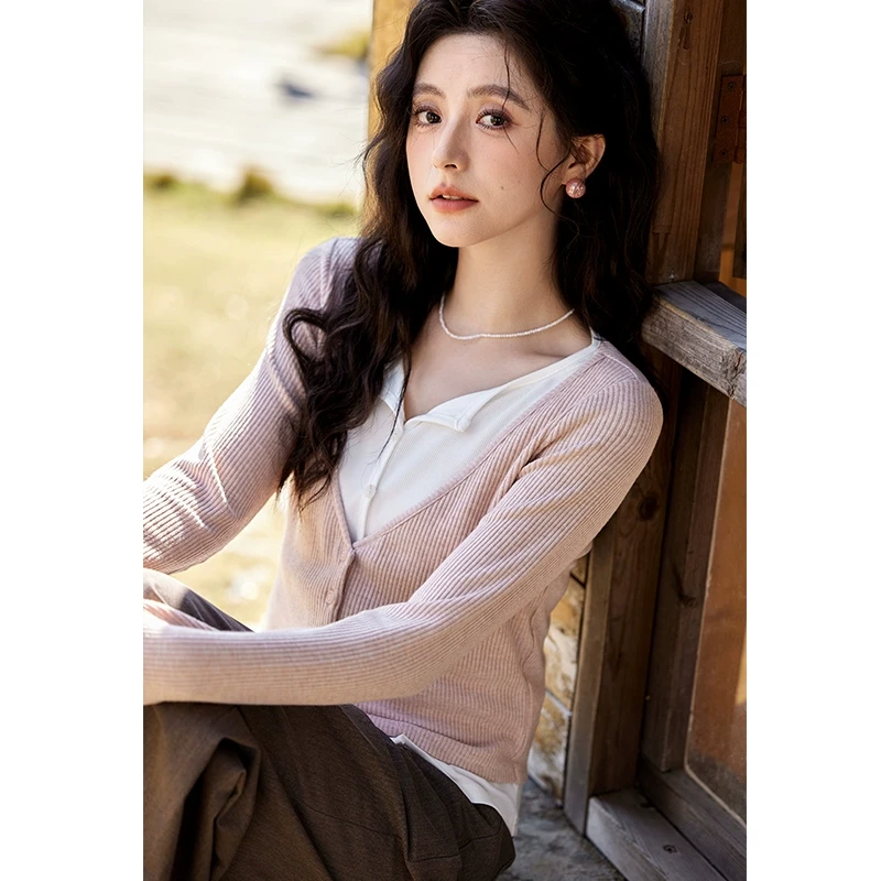 【年中大促】谜秀粉色假两件针织开衫女2025春季新款女装设计感拼接