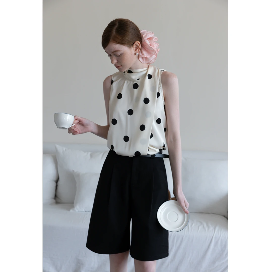EGGKA 法式系带缎面波点无袖背心女夏时尚设计感上衣 E25A5406AF