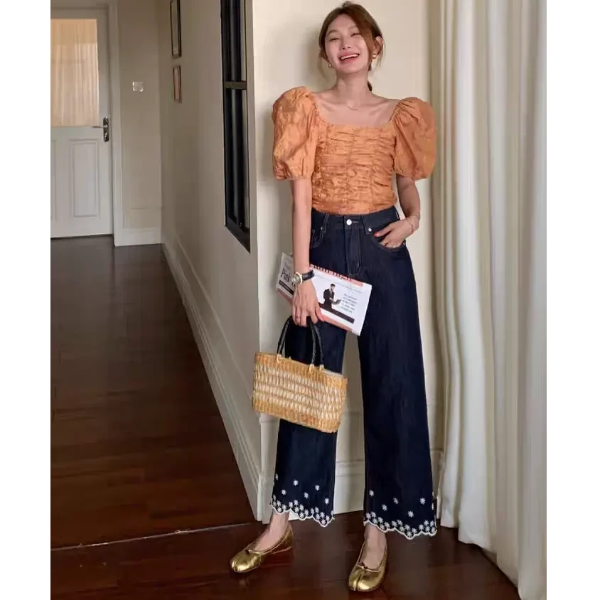 欧货轻薄复古刺绣花边直筒裤女夏季2025年新款高腰九分奶奶牛仔裤