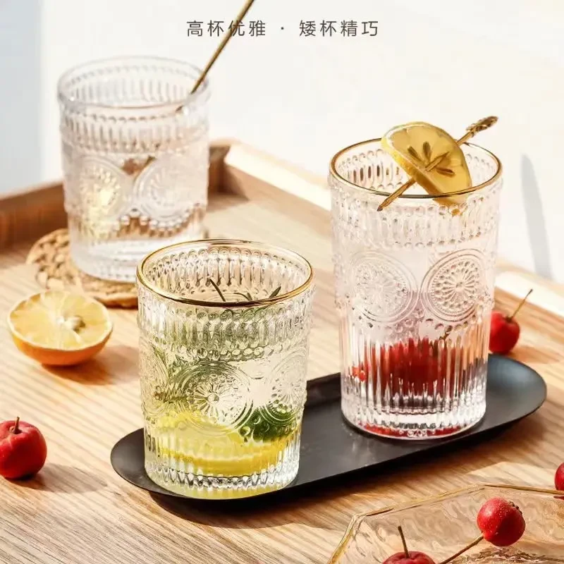 浮雕太阳玻璃水杯复古高颜值水晶杯酒杯北欧巴洛克风格啤酒杯杯子