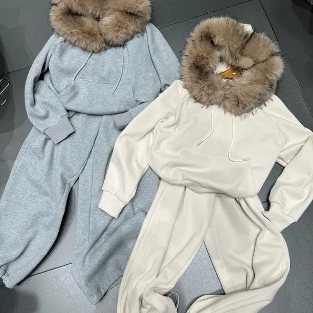 冬季加绒加厚大毛领连帽卫衣与休闲卫裤套装