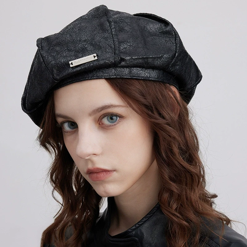 【black Imagine6】新品25春夏暗黑褶皱光泽感贝雷帽女