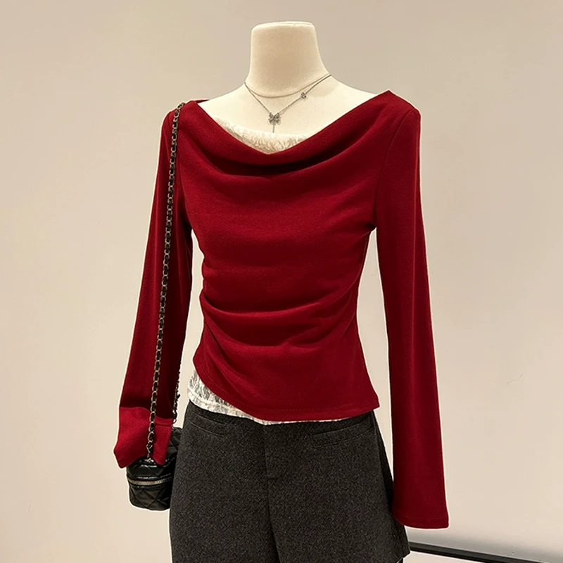 纯欲甜辣蕾丝拼接新年穿搭长袖T恤女秋冬修身荡领一字肩气质上衣
