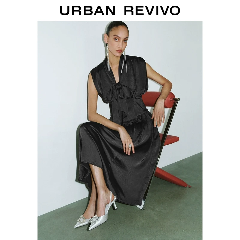 UR2025夏季新款女装魅力氛围感收腰圆领系带连衣裙UWG750063