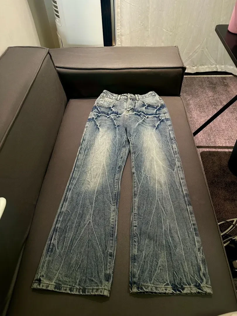 秋冬美式复古高街闪电爆裂纹蓝色牛仔裤直筒微喇松紧宽松裤子