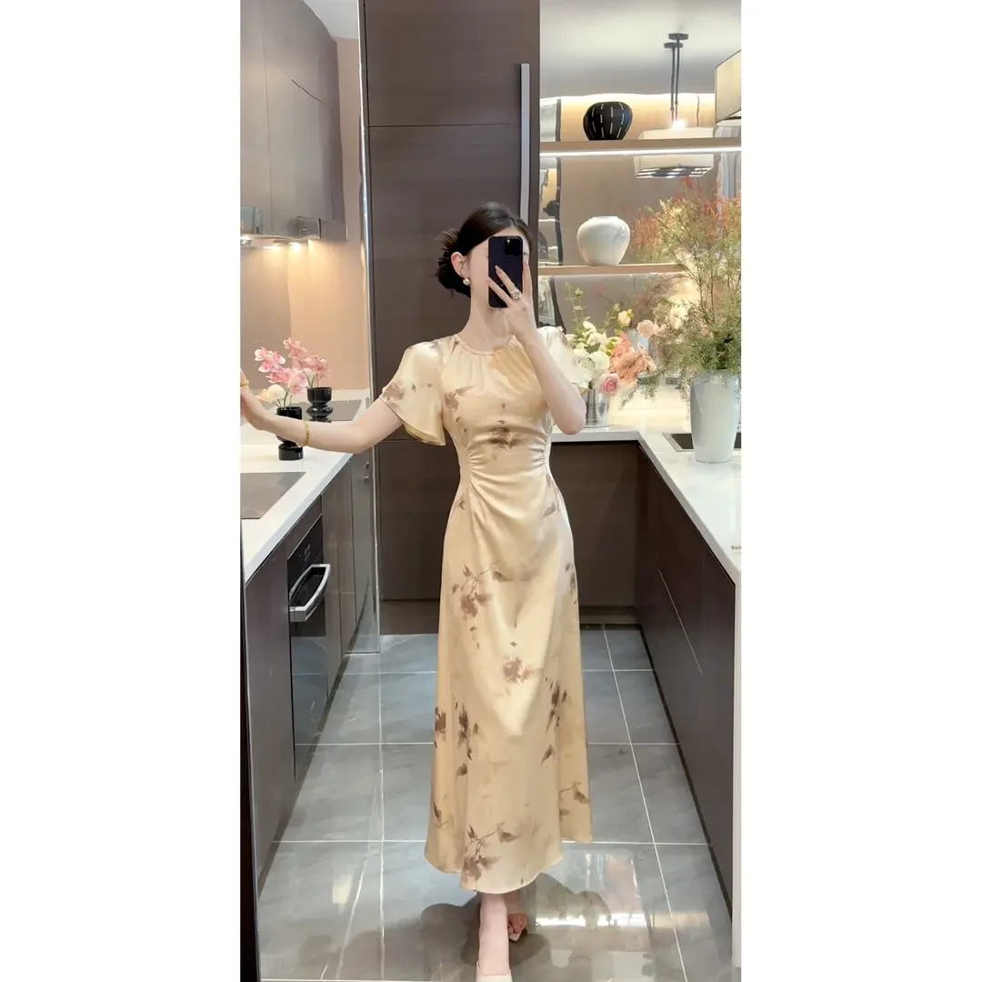 【花未眠】2025新款夏季气质时尚长裙收腰显瘦圆领印花连衣裙子女装