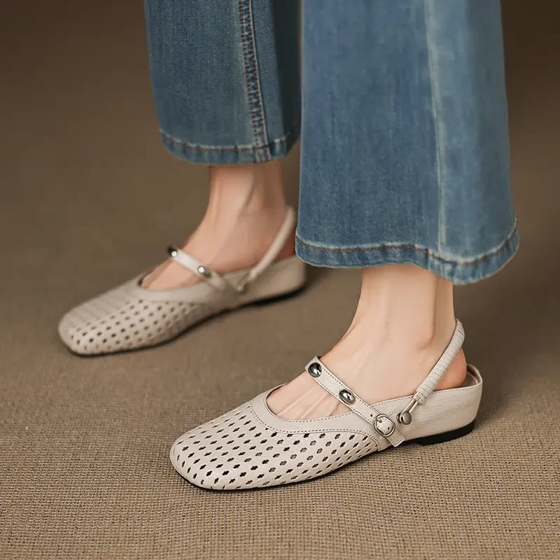 MHYM官方4cm,夏季内增高真皮包头半拖鞋女百搭镂空两穿中跟凉鞋