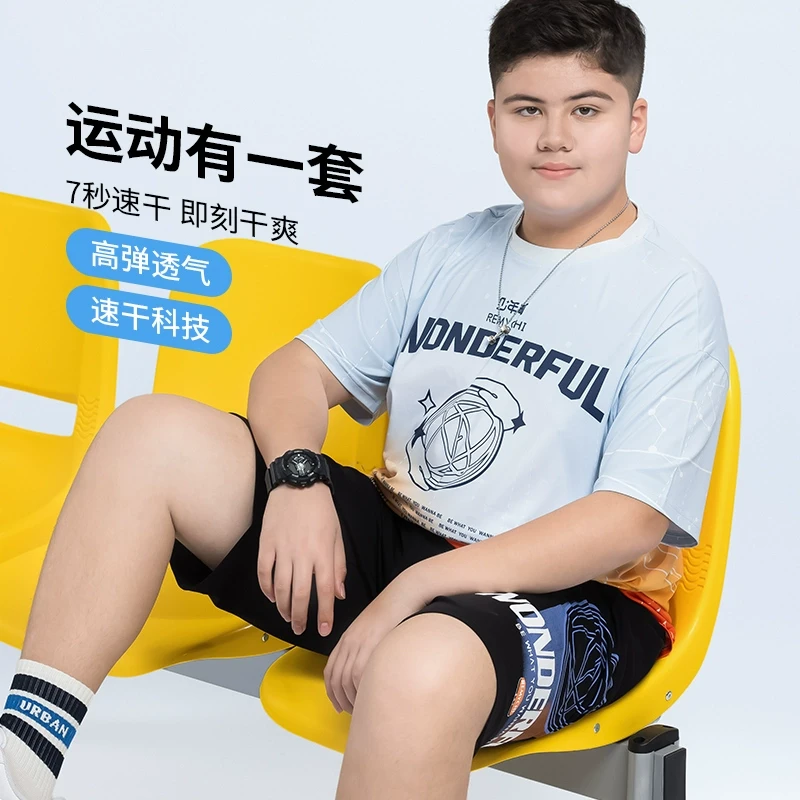 胖男童短袖T恤中大童夏季加肥加大短T短裤两件套学生休闲套装宽松