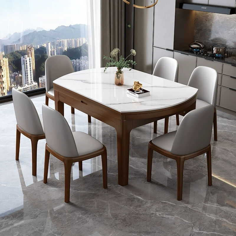 新中式岩板餐桌实木小户型家用伸缩折叠方圆两用多功能可变圆餐桌