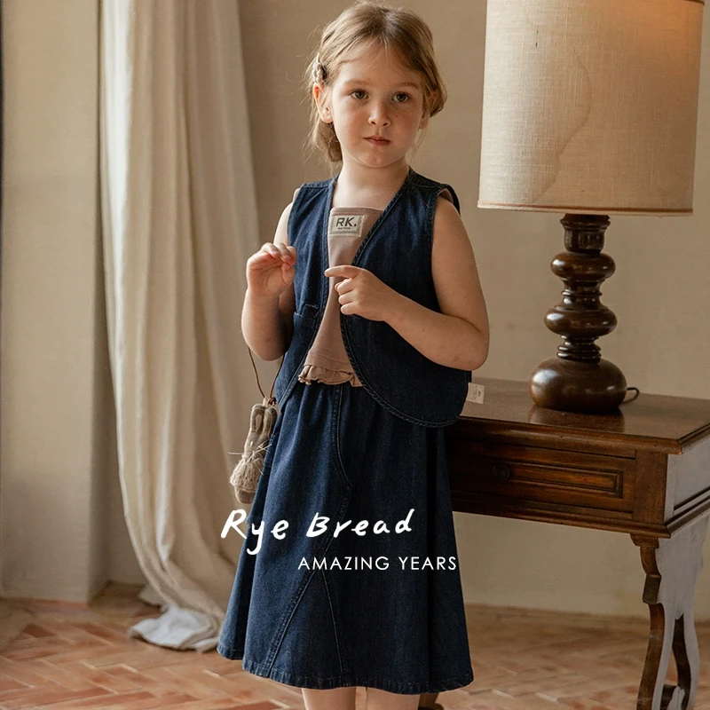ryebread/黑面包童装 复古牛仔马甲半身裙女小童两件套套装24春秋