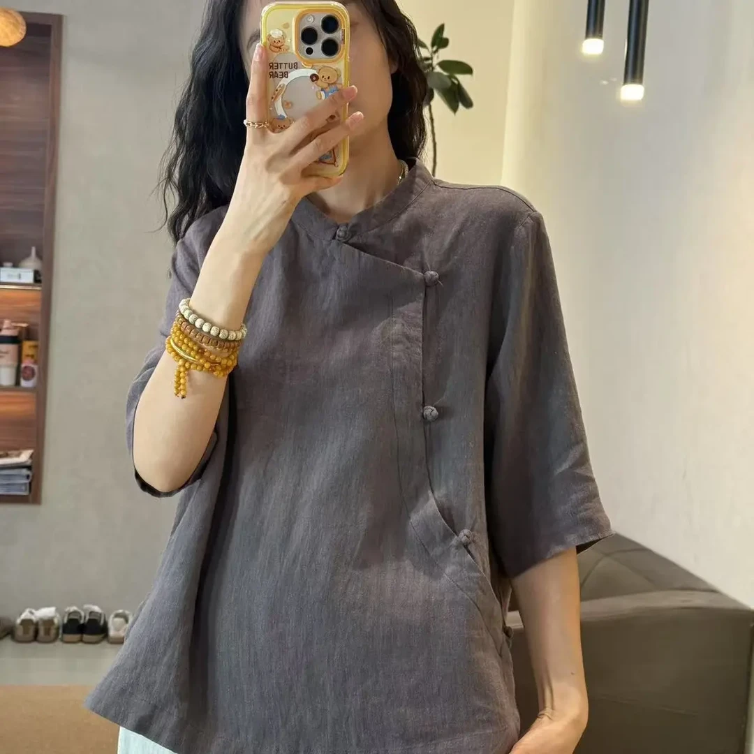 1342-上衣小衫汉麻立领夏季纯色中国风时尚休闲半开领衬衫