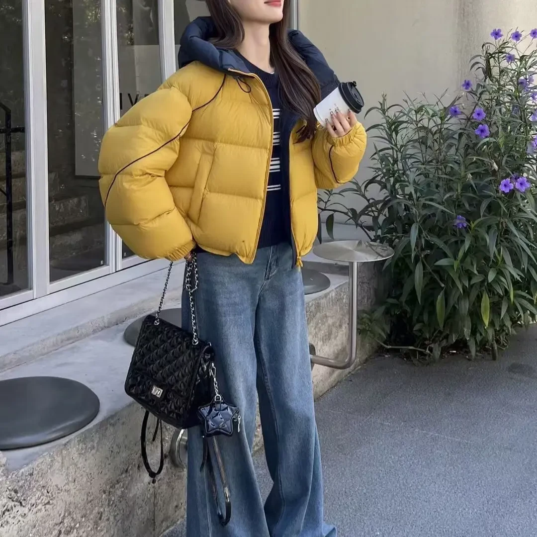 0720长袖拼色连帽短款直筒型宽松型女士百搭宽松休闲羽绒服