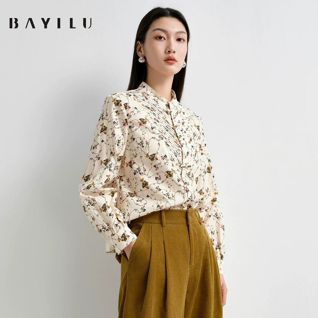【小花】芭依璐2025春季衬衫女复古印花长袖衬衣91C0015