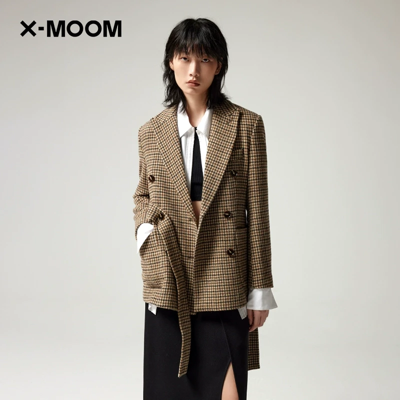 X--MOOM冬季新款驳领微收腰格子复古西装外套ZVDFX19270